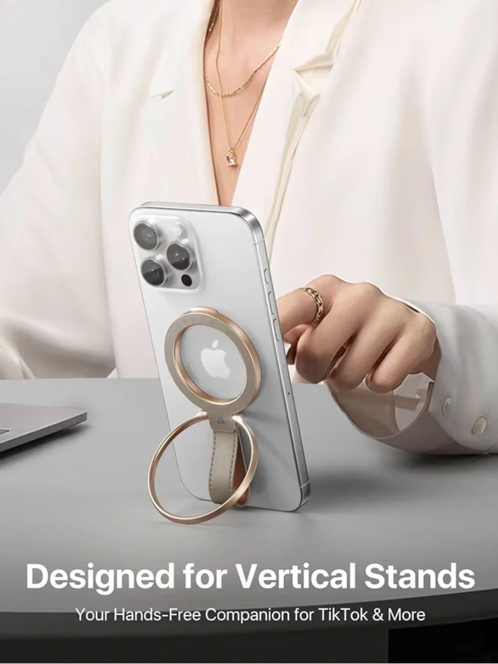 Apple iPhone Ring Holder Strap in Metallic Gold and Beige